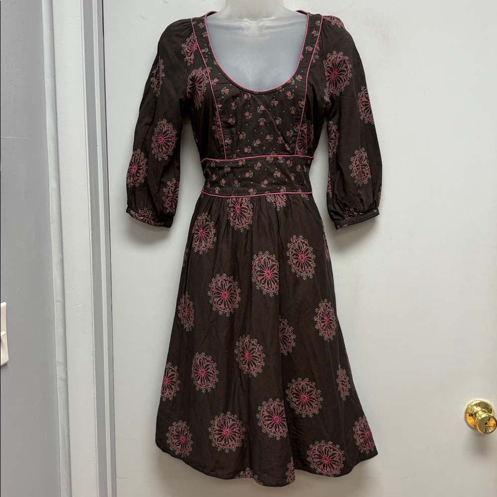 Anthropologie VIOLA Brown & Pink Floral Cotton Peasant Dress – Size 2